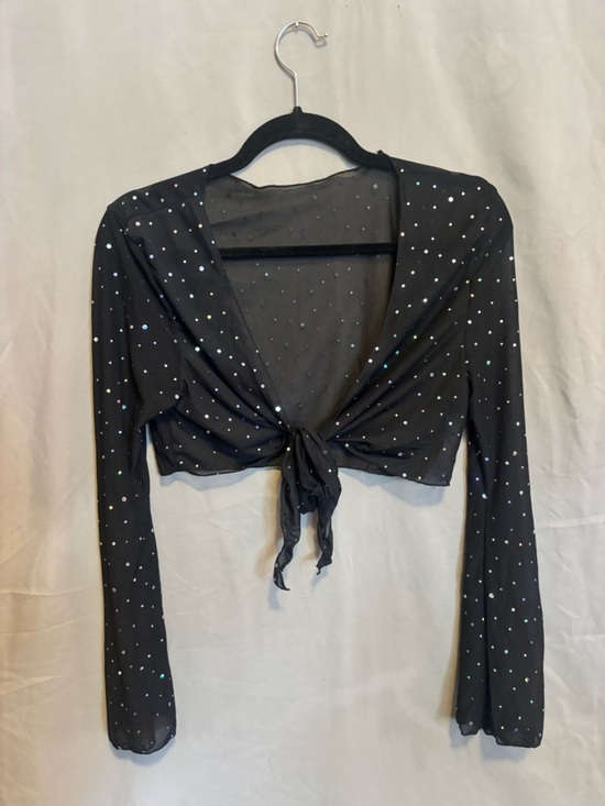 Tops - Black Sheer Tie-Front Crop Top with Iridescent Dots gems sparkly raveware club